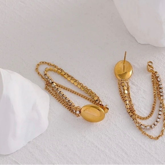 18k Gold Plated Tassel Drop CZ Chain Earrings - Picture 5 of 8